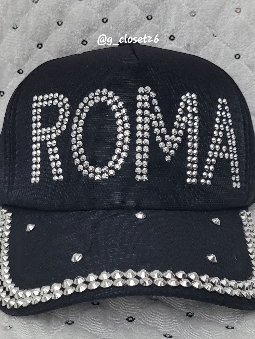 Black 'ROMA' Crystal Studded Baseball Cap